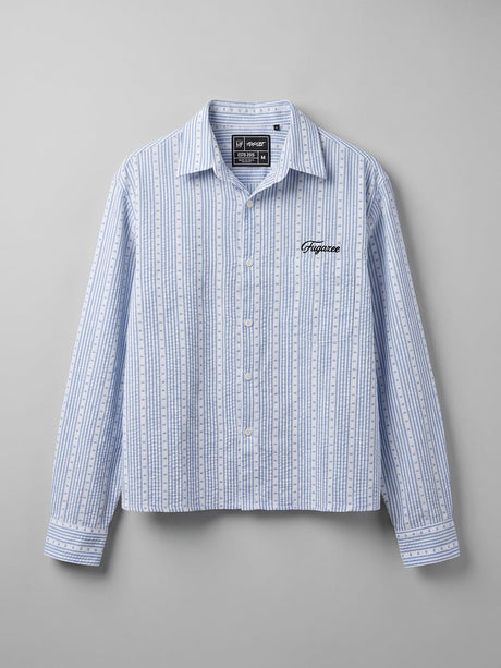 Airy Blue Seersucker Striped Cropped Shirt Shirts Fugazee 