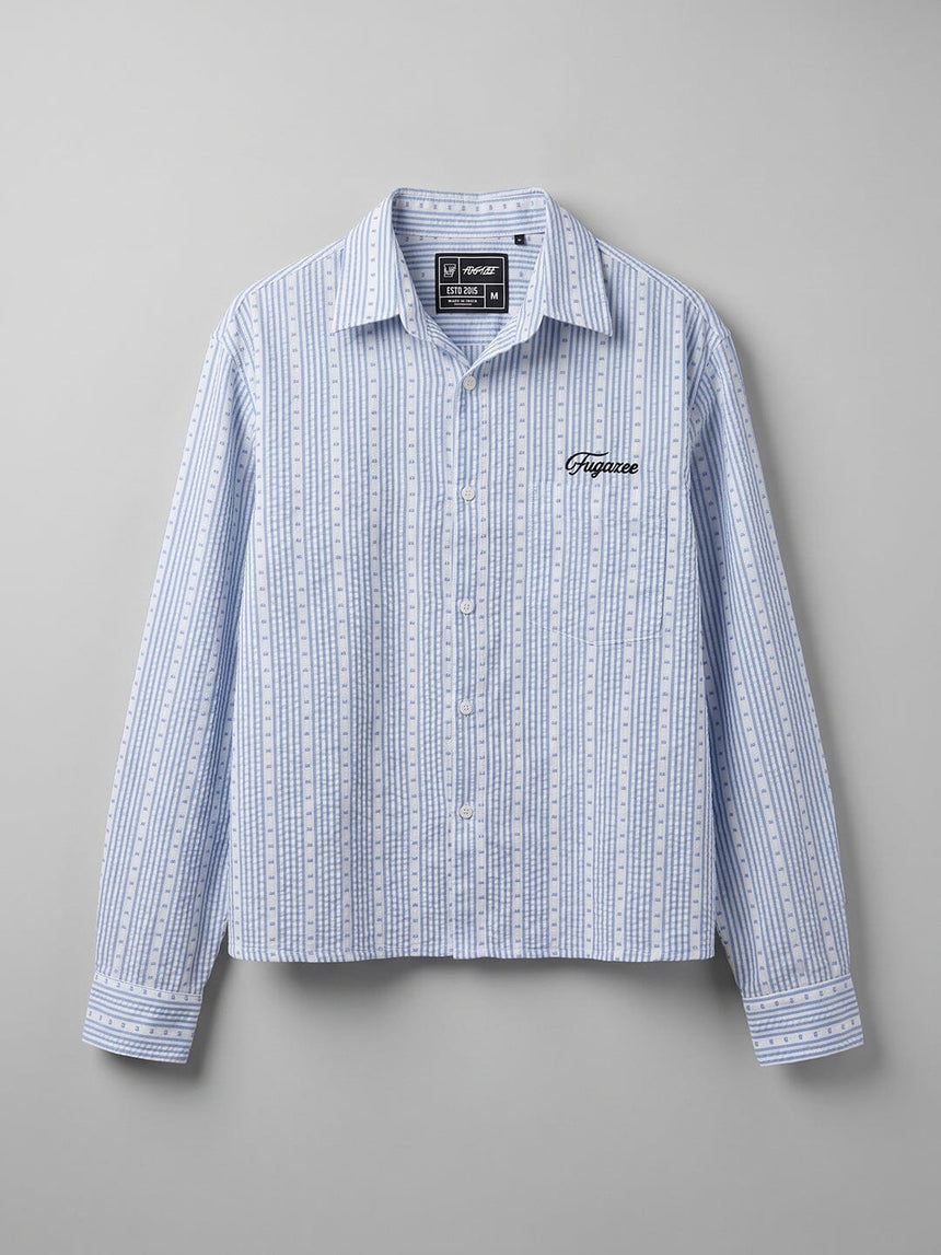 Airy Blue Seersucker Striped Cropped Shirt Shirts Fugazee 