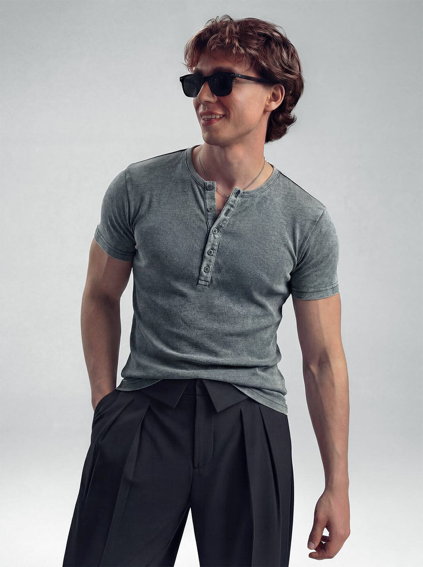 Acid Washed Ribbed Henley Short Sleeves Tshirt T-Shirts Fugazee 