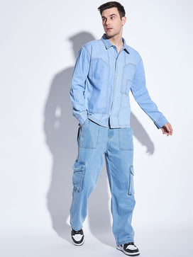Ice Washed Denim Carpenter Shirt and Jeans Combo Clothing Set