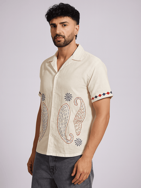 Ecru Paisley Embroidery Cuban Shirt Shirts Fugazee 