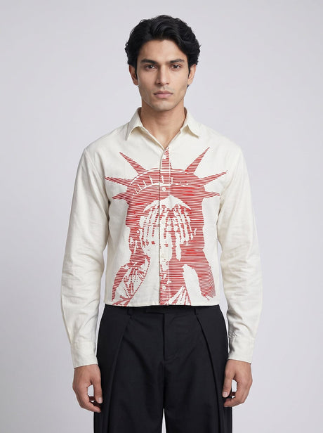 White Corduroy Graphic Cropped Shirt Shirts Fugazee 