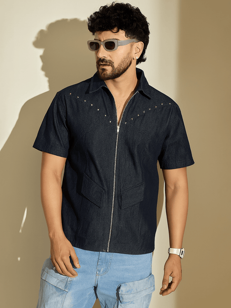 Dark Wash Studded Denim Shirt Shirts Fugazee 