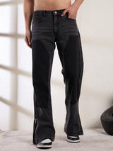 Black Contrast Patched Flared Zipped Denim Jeans Fugazee 