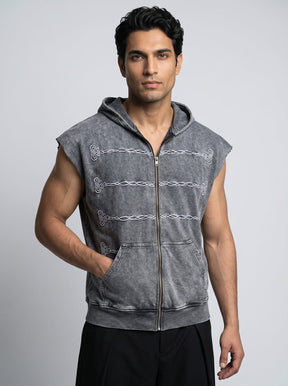 Acid Wash Embroidery Zipped Sleeveless Hooded Tshirt T-Shirts Fugazee 