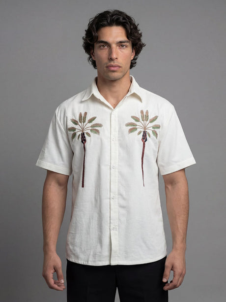 White Palm Embroidery Corduroy Short Sleeves Shirt Shirts Fugazee 