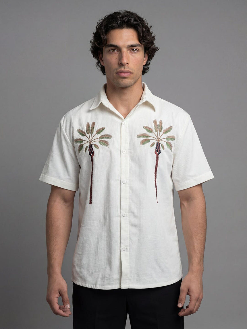 White Palm Embroidery Corduroy Short Sleeves Shirt Shirts Fugazee 