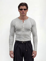 Light Grey Ribbed Henley Longsleeves Tshirt T-Shirts Fugazee 