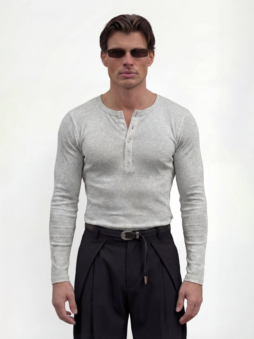 Light Grey Ribbed Henley Longsleeves Tshirt T-Shirts Fugazee 