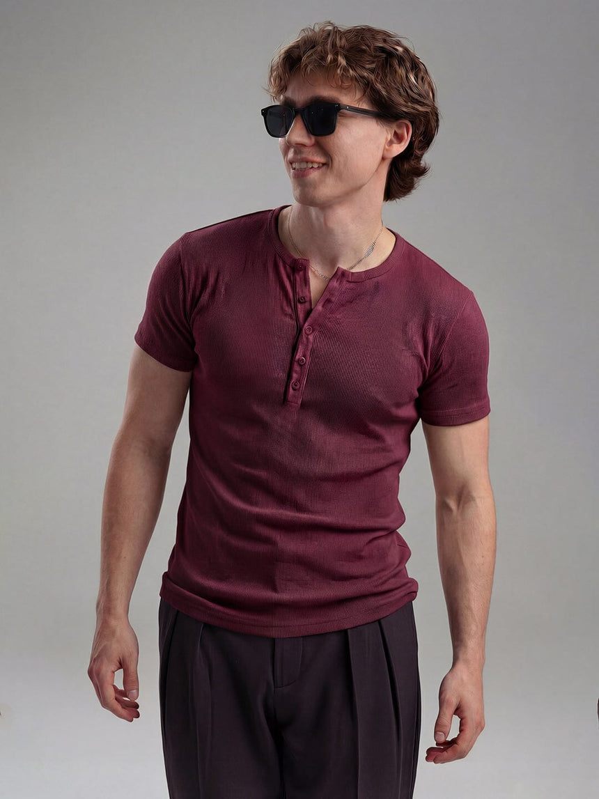 Maroon Ribbed Henley Short Sleeves Tshirt T-Shirts Fugazee 