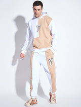 White & Biege Cut Sew Matching Tracksuit