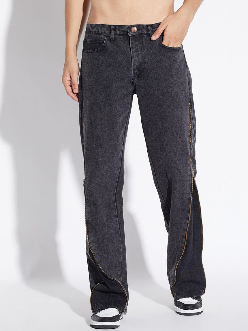 Black Zipped Adjustable Flared Denim Jeans Fugazee 