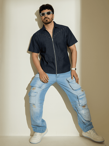 Dark Wash Studded Denim Shirt Shirts Fugazee 