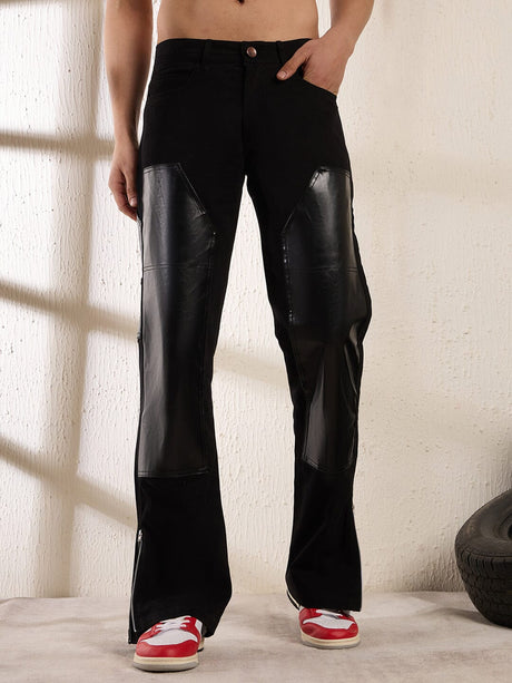 Black Leather Patched Flared Trousers Trousers Fugazee 