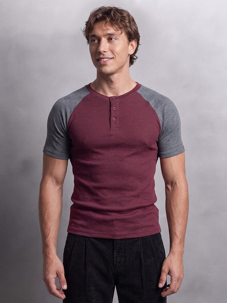 Grey And Maroon Ribbed Raglan Short Sleeve Henley Tshirt T-Shirts Fugazee 