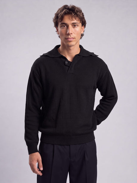 Black Heavy Knit Polo Sweater Sweaters Fugazee 