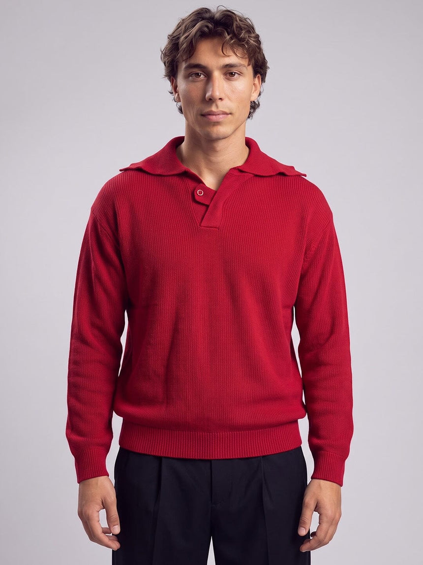 Red Heavy Knit Polo Sweater Sweaters Fugazee 