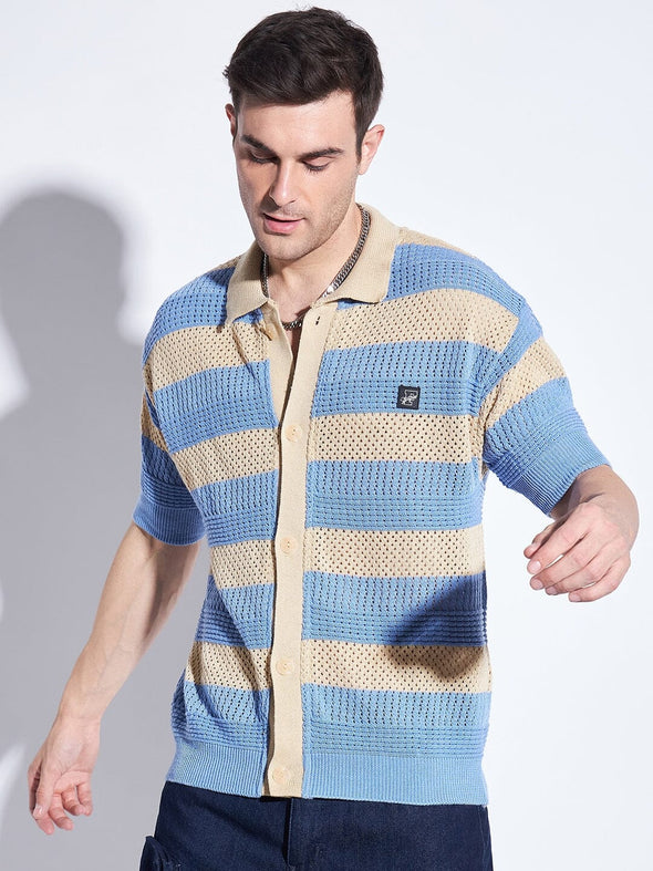 Blue & Biege Striped Crochet Shirt
