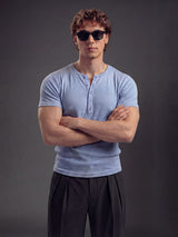 Sky Blue Ribbed Henley Short Sleeve Tshirt T-Shirts Fugazee 