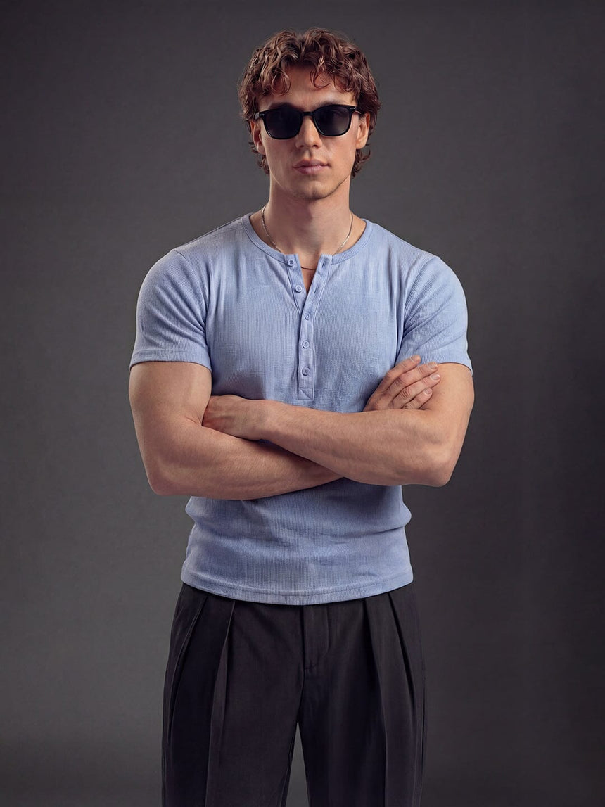 Sky Blue Ribbed Henley Short Sleeve Tshirt T-Shirts Fugazee 