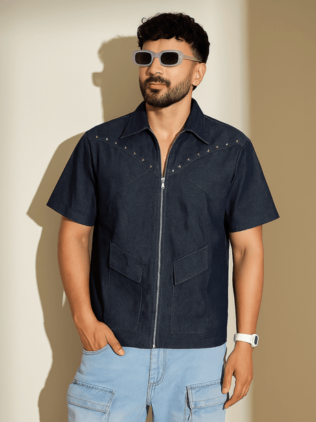 Dark Wash Studded Denim Shirt Shirts Fugazee 