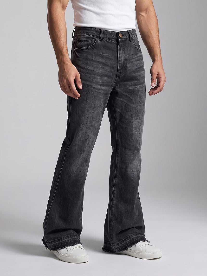 Black Washed Flared Raw Edge Denim Jeans Fugazee 