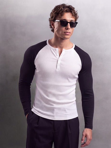 Monochrome Raglan Ribbed Henley Tshirt T-Shirts Fugazee 