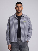 Navy Striped Seersucker Cropped Shirt Shirts Fugazee 