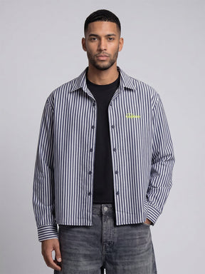 Navy Striped Seersucker Cropped Shirt Shirts Fugazee 