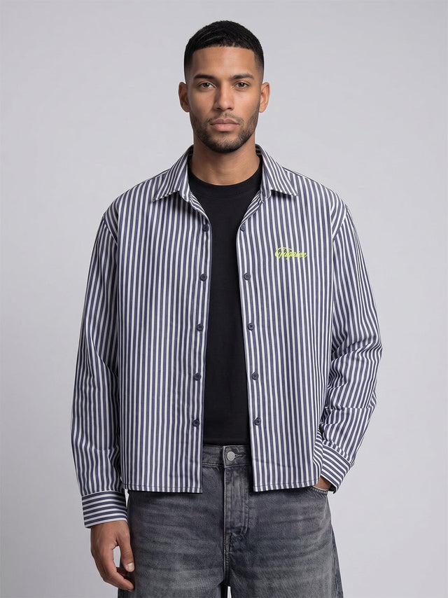Navy Striped Seersucker Cropped Shirt Shirts Fugazee 
