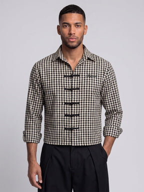 Black Checkered Frog Knot Buttoned Cropped Shirt Shirts Fugazee 