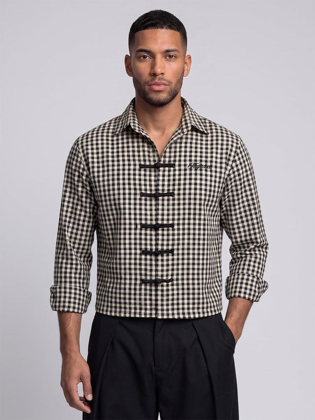 Black Checkered Frog Knot Buttoned Cropped Shirt Shirts Fugazee 