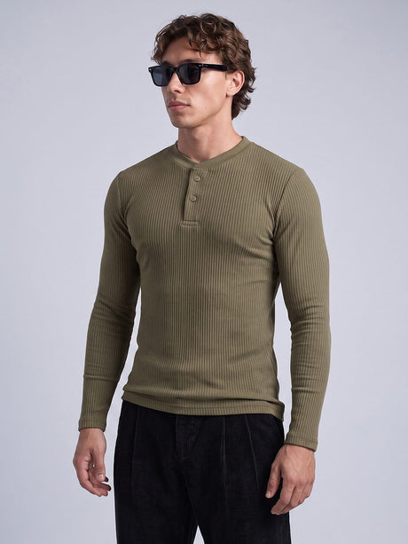 Olive Parker Ribbed Henley Tshirt T-Shirts Fugazee 