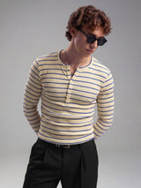 Beige And Navy Striped Ribbed Henley Longsleeves Tshirt T-Shirts Fugazee 