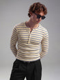 Beige And Navy Striped Ribbed Henley Longsleeves Tshirt T-Shirts Fugazee 