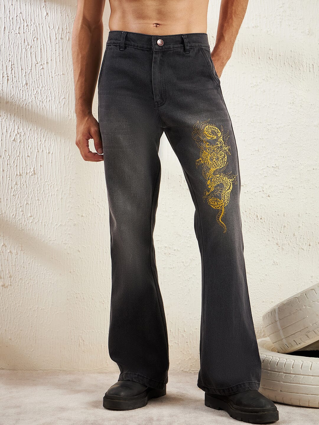 Black Dragon Embroidery Flared Denim | Buy Flared Jeans | Fugazee