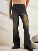 Black Dragon Embroidery Flared Denim Jeans Fugazee 