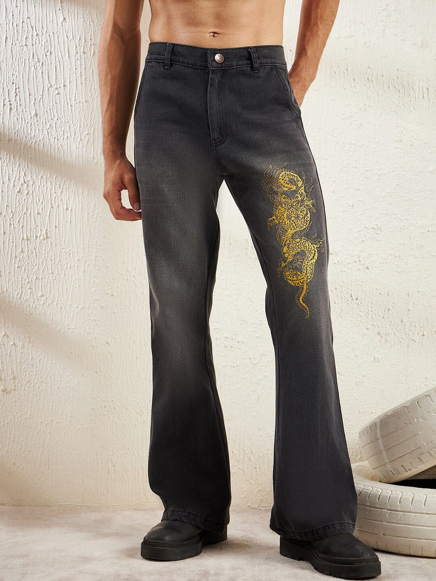 Black Dragon Embroidery Flared Denim Jeans Fugazee 