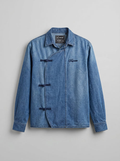 Denim Chinese Frog Buttoned Cropped Denim Shirt Shirts Fugazee 
