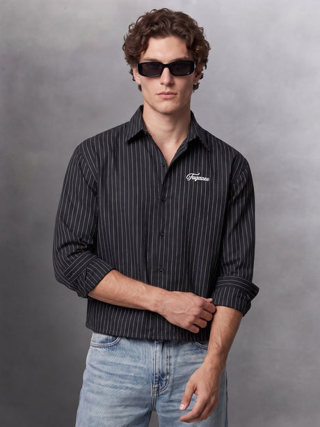 Black Striped Cropped Full Sleeves Shirt Shirts Fugazee 