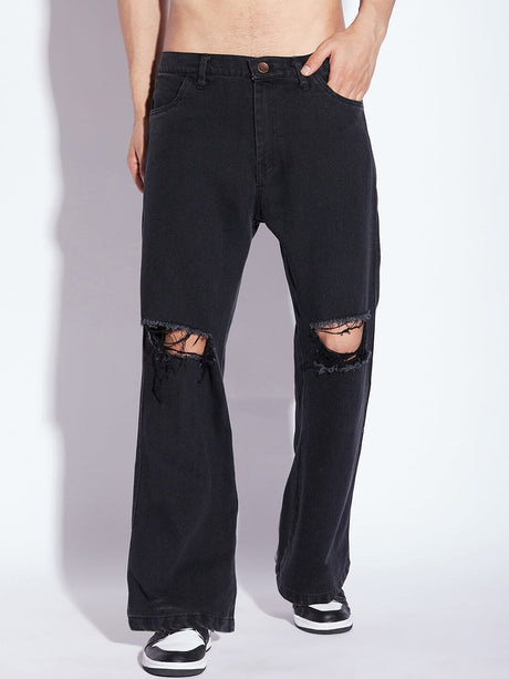 Black Knee Ripped Flared Denim Jeans Fugazee 