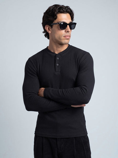 Black Parker Ribbed Henley Tshirt T-Shirts Fugazee 