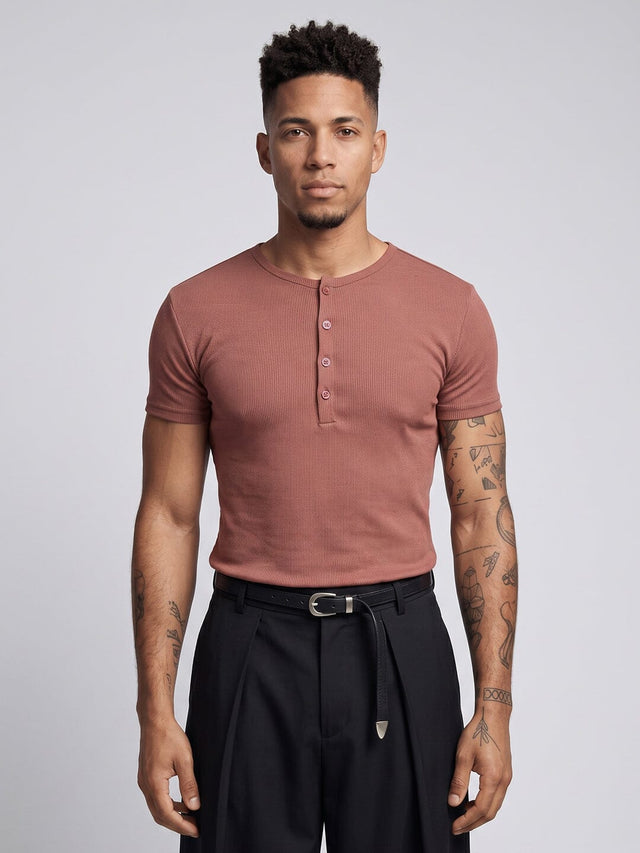 Muted Plum Ribbed Short Sleeves Henley Tshirt T-Shirts Fugazee 