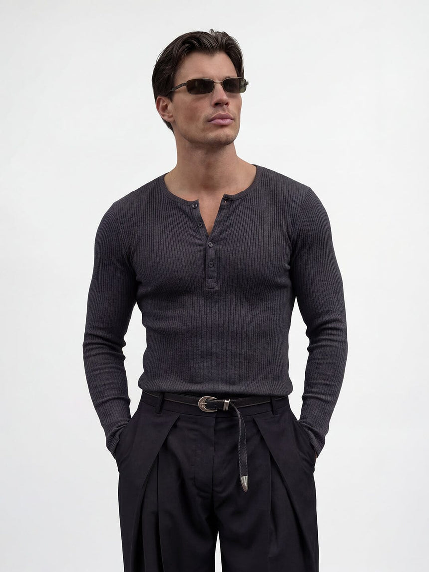 Charcoal Ribbed Henley Longsleeves Tshirt T-Shirts Fugazee 