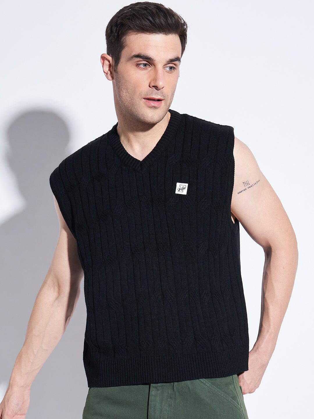 Black Knitted Sleeveless V Neck Sweater, Buy Mens Sweaters