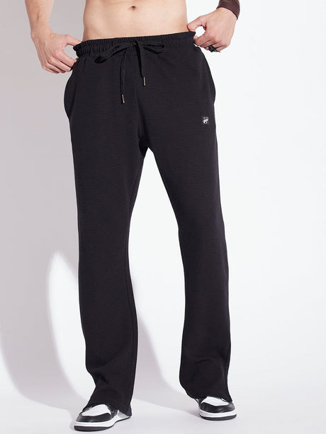 Black Textured Relaxed Fit Boot-Cut Pant Trackpants Fugazee 