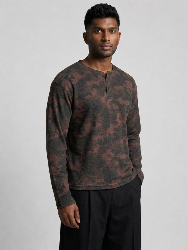 Brown Camo Waffle Relaxed Fit Henley Tshirt T-Shirts Fugazee 
