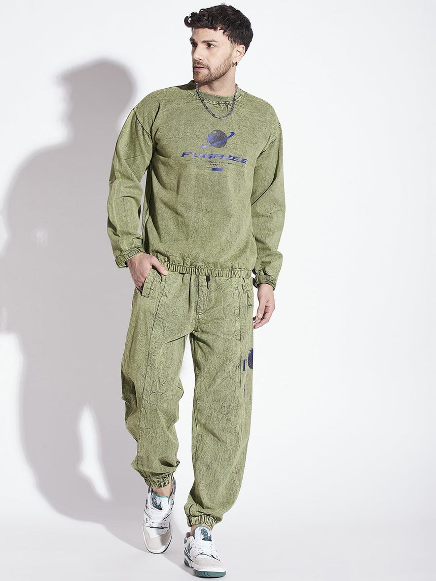 Green Acid Washed Sweatshirt & Jogger Combo Tracksuit Tracksuits Fugazee 