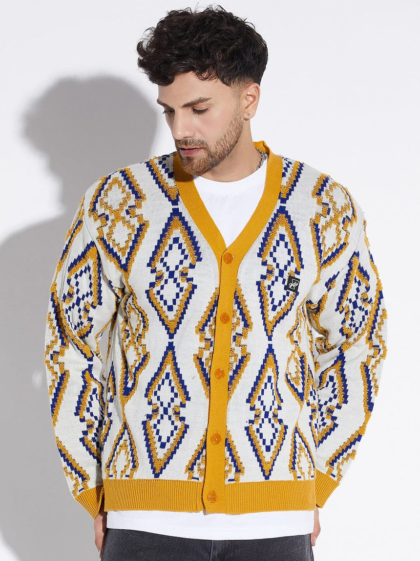Mustard Abstract Print Cardigan Sweaters Fugazee 