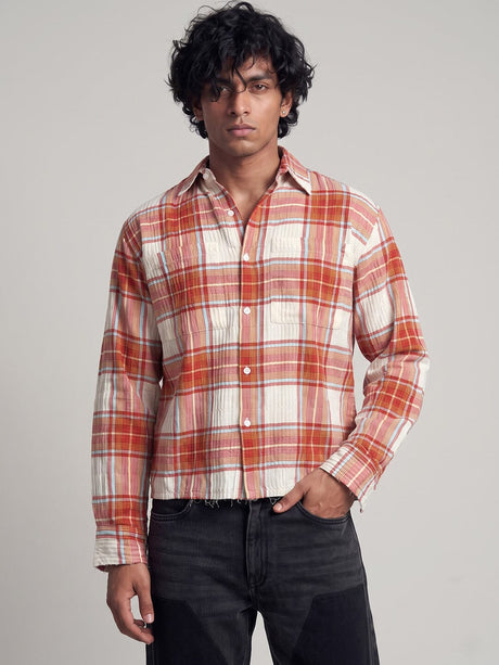 Rust Crushed Checkered Raw Edge Cropped Shirt Shirts Fugazee 